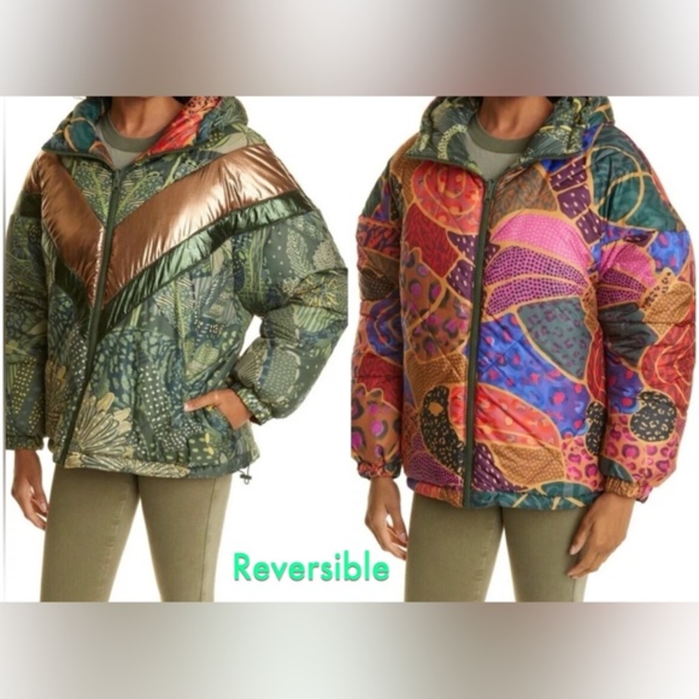Farm Rio Cool Leopard Reversible Puffer Jacket‎ Mixed Print Zip Up Winter Coat